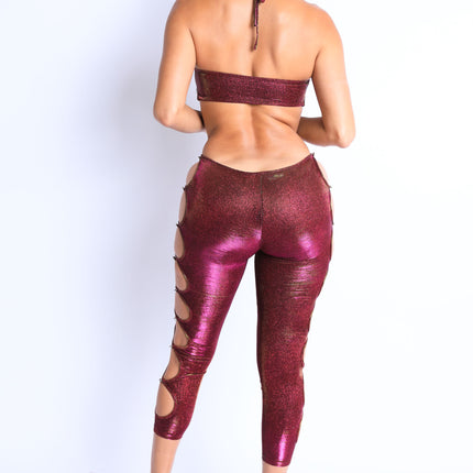 Glittery Cutout Halter Neck Keyhole Sexy Party Jumpsuit FUCHSIA/GOLD