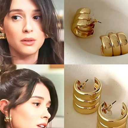 Premium Three Row Steel Rounded Earrings Women Elegant Daily Jewelry