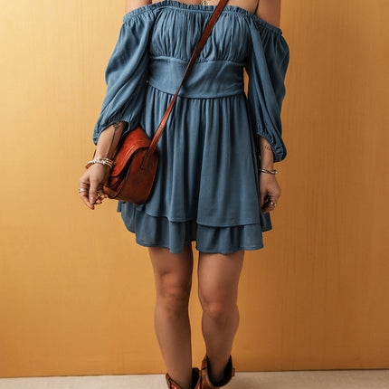 Solid Ruched Frilled Neck 3/4 Sleeve Dress