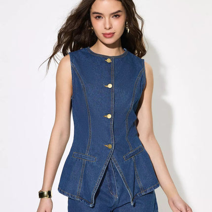 Button Up Sleeveless Denim Top and Shorts Set