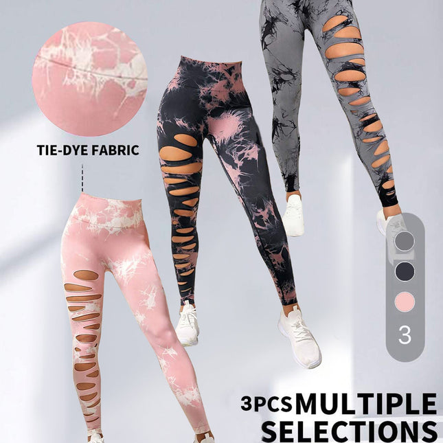 3 Pack Women's Tie Dye Cutout Tights High Waist Workout Yoga Leggings,