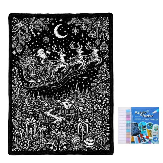 Christmas DIY Coloring Throw Blanket Santa Workshop 24 Acrylic Markers Washable Fleece Doodle Quilt Kids Adults Gifts