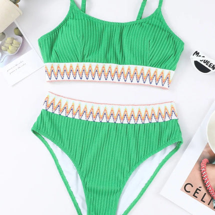 Textured Contrast Banding Bikini High Waist 2pcs Swimsuit
