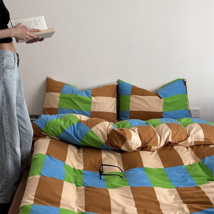 Dopamine Checker Queen Duvet Cover Set With Pillowcases & Fitted Sheet