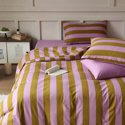 Dopamine Stripe Cotton Queen Size Duvet Cover Set With Pillowcases &