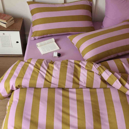 Dopamine Stripe Cotton Queen Size Duvet Cover Set With Pillowcases &