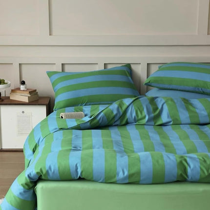 Dopamine Stripe Cotton Queen Size Duvet Cover Set With Pillowcases &