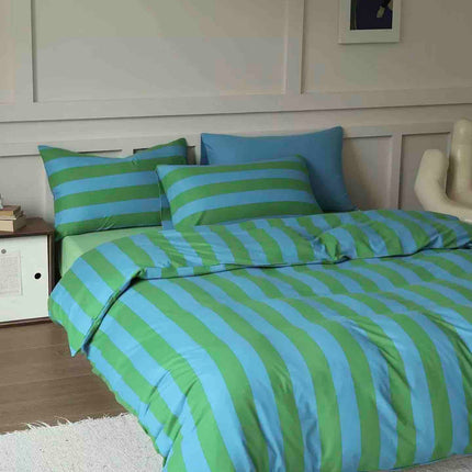 Dopamine Stripe Cotton Queen Size Duvet Cover Set With Pillowcases &