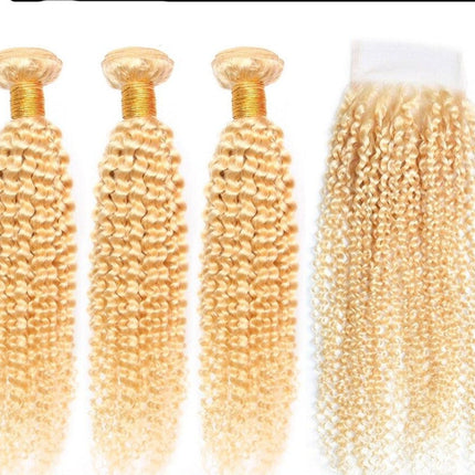 Blonde Kinky Curly #1B/613 Human Hair BUNDLES with CLOSURES & FRONTALS