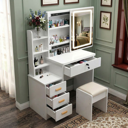 Makeup Vanity Desk with LED Lighted Mirror and Makeup Stool & 4