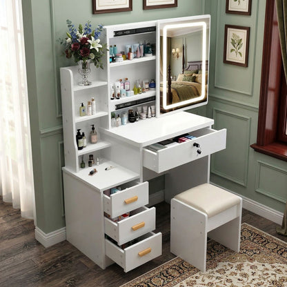 Makeup Vanity Desk with LED Lighted Mirror and Makeup Stool & 4
