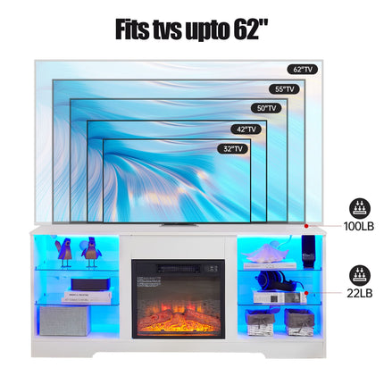 TV Stand Electric Fireplace TV Stand with Glass Shelves, 3D Fireplace