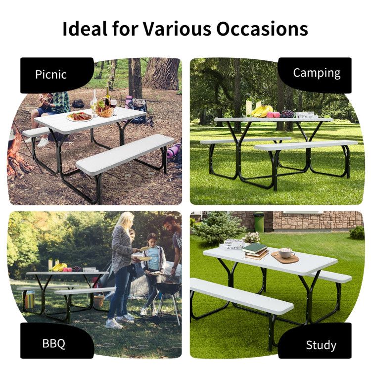 All Weather Outdoor Picnic Table Bench Set with Metal Base Wood