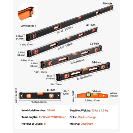 6-Piece Torpedo Level, 78/48/32/24/16/10 Inch Box Levels Set, Bubble