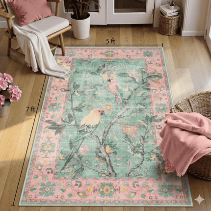 Botanical Birds 5x7 Washable Living Room Rug, Boho Green Bedroom