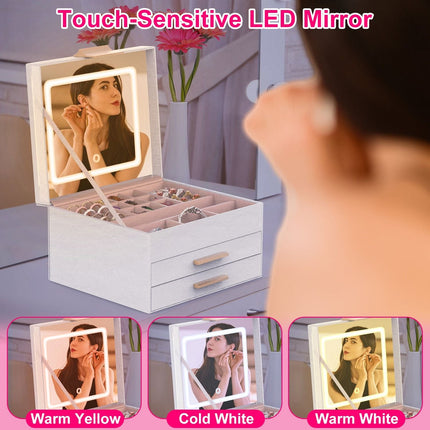 Jewelry Box with LED Mirror 3-Layer Jewelry Organizer with 2 Drawers