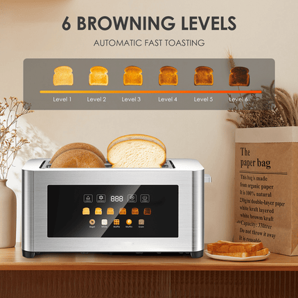 4-piece ultra-wide long-slot toaster with silver dual-control bread