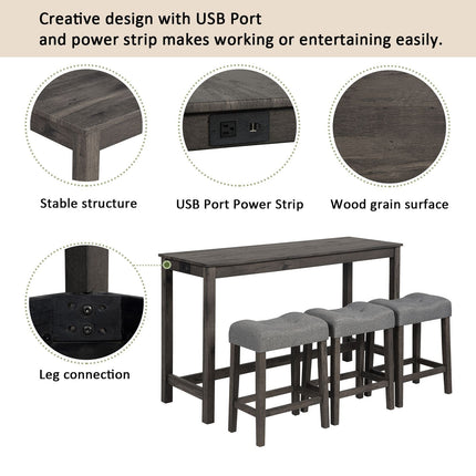 4 Piece Bar Table Set with Power Outlet,Bar Table Set with Chairs,Sofa