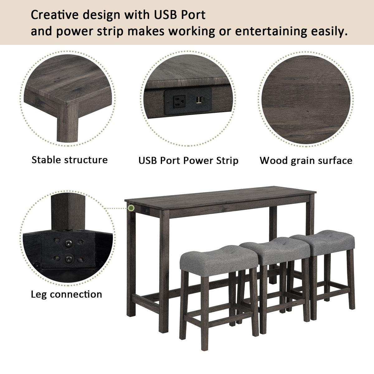 4 Piece Bar Table Set with Power Outlet,Bar Table Set with Chairs,Sofa