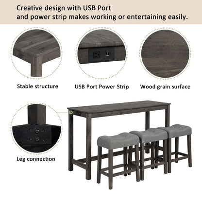 4 Piece Bar Table Set with Power Outlet,Bar Table Set with Chairs,Sofa
