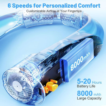 Portable Neck Fan with 6 Powerful Speeds, 8000mAh Battery Operated