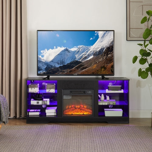 TV Stand Electric Fireplace TV Stand with Glass Shelves, 3D Fireplace