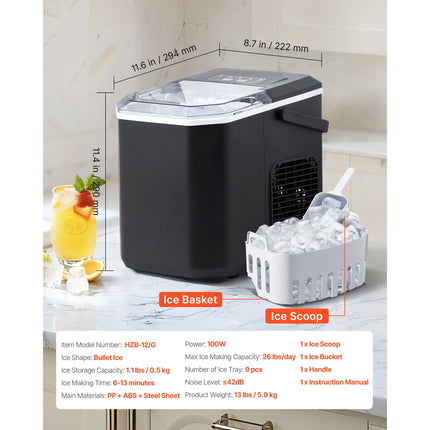 Countertop Ice Maker, 9 Cubes Ready in 6 Mins, 26lbs in 24Hrs,