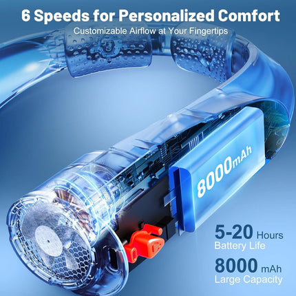 Portable Neck Fan with 6 Powerful Speeds, 8000mAh Battery Operated