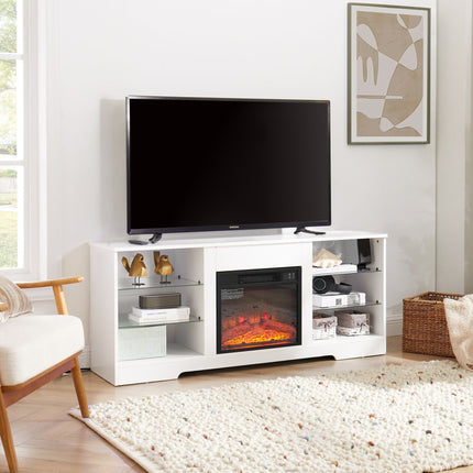 TV Stand Electric Fireplace TV Stand with Glass Shelves, 3D Fireplace