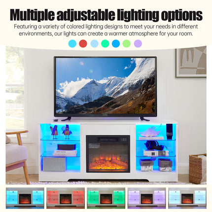 TV Stand Electric Fireplace TV Stand with Glass Shelves, 3D Fireplace