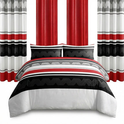 9-Piece Red & Geometric Zigzag Bedding & Curtain Set (Queen/King/Cal