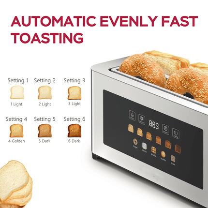 4-piece ultra-wide long-slot toaster with silver dual-control bread