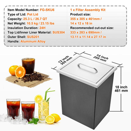 Drop in Ice Chest, 14"L x 12"W x 18"H Stainless Steel Ice Cooler,