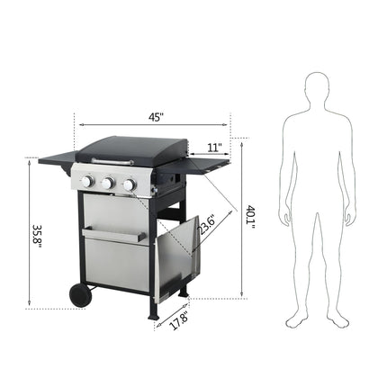 3-Burner Propane Gas BBQ Grill, SS Plancha, 36900BTU Output With Wire