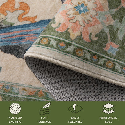 Botanical Birds 5x7 Washable Living Room Rug, Boho Green Bedroom