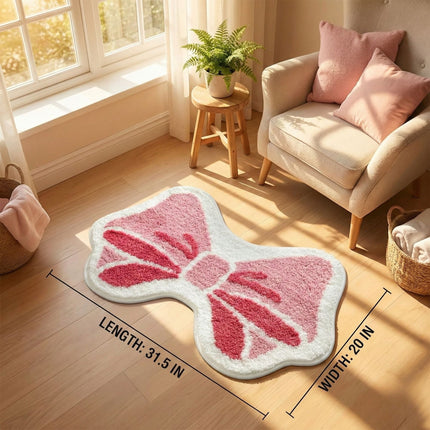 Pink Bow Bathroom Rug, 19.6" x 31.5" Irregular Rug, Fluffy Bath Mat,