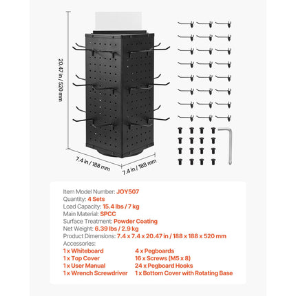 Rotating Pegboard Display Stand, 7.4 x 7.4 x 17 in 4-Sided Spinning