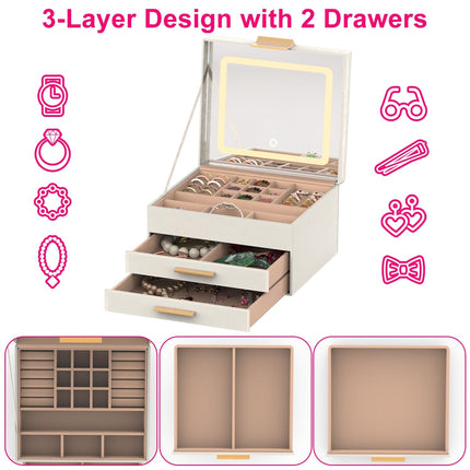 Jewelry Box with LED Mirror 3-Layer Jewelry Organizer with 2 Drawers