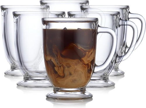 Glass Coffee Mugs Set of 6, Elegant 16 Ounce Clear Tea Cup Set ,