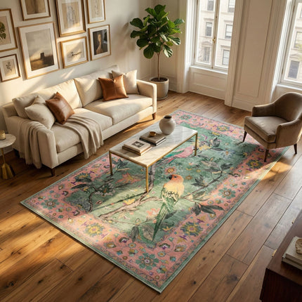 Botanical Birds 5x7 Washable Living Room Rug, Boho Green Bedroom