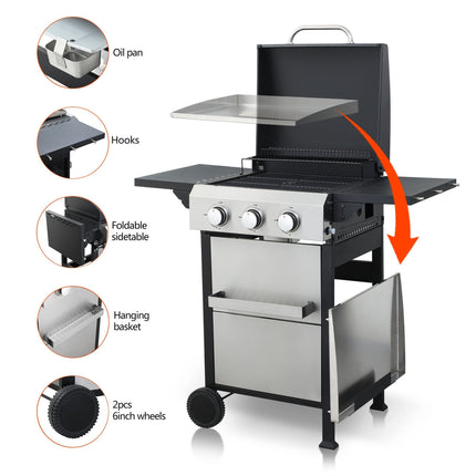3-Burner Propane Gas BBQ Grill, SS Plancha, 36900BTU Output With Wire