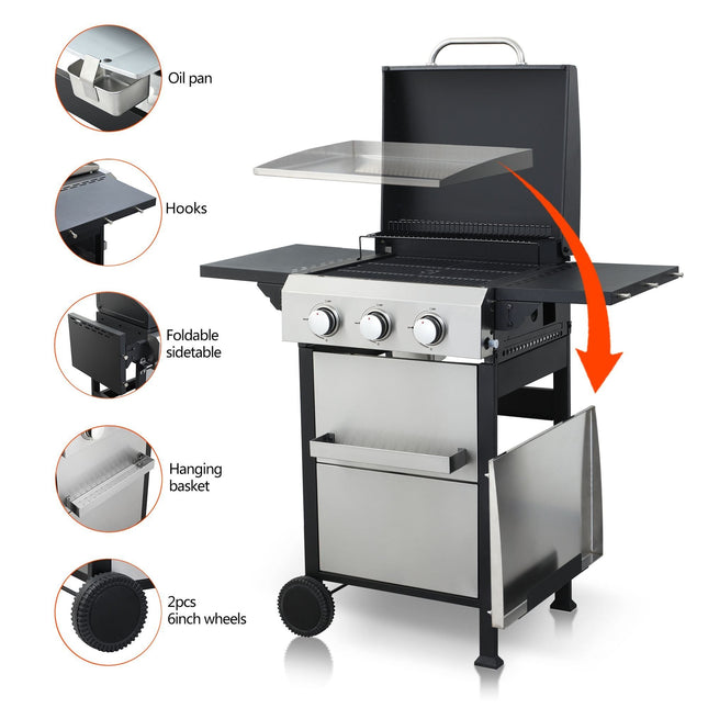 3-Burner Propane Gas BBQ Grill, SS Plancha, 36900BTU Output With Wire