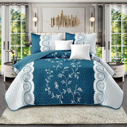 3-Piece Teal Lace Floral Bedding Set (Queen/King/Cal King) - Quilted