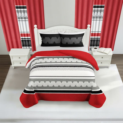 9-Piece Red & Geometric Zigzag Bedding & Curtain Set (Queen/King/Cal