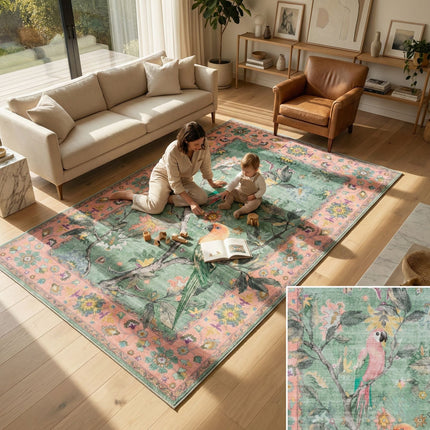 Botanical Birds 5x7 Washable Living Room Rug, Boho Green Bedroom