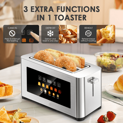 4-piece ultra-wide long-slot toaster with silver dual-control bread