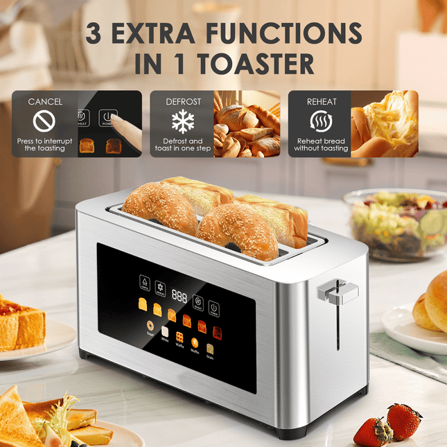 4-piece ultra-wide long-slot toaster with silver dual-control bread
