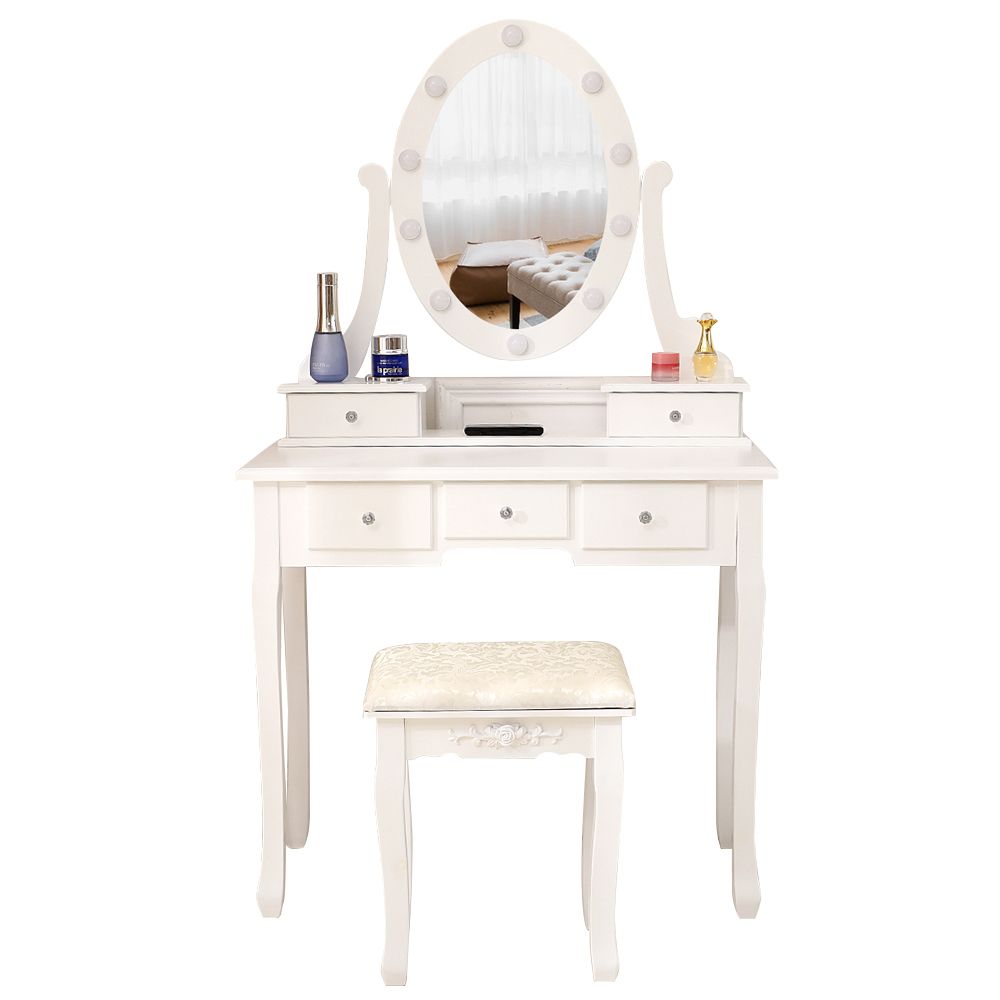 FCH With Light Bulb Single Mirror 5 Drawer Dressing Table White