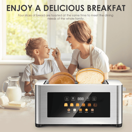 4-piece ultra-wide long-slot toaster with silver dual-control bread