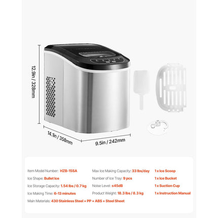 Countertop Ice Maker, 9 Cubes Ready in 6 Mins, 33lbs in 24Hrs,